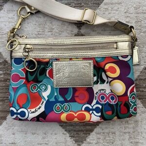 Coach Poppy Glam Op Art Colorful Wristlet Purse Clutch Metallic Gold Vintage Y2K